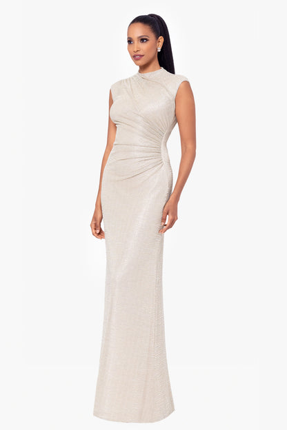 "Bethany" Crinkle Metallic Rouched Floor Length Dress