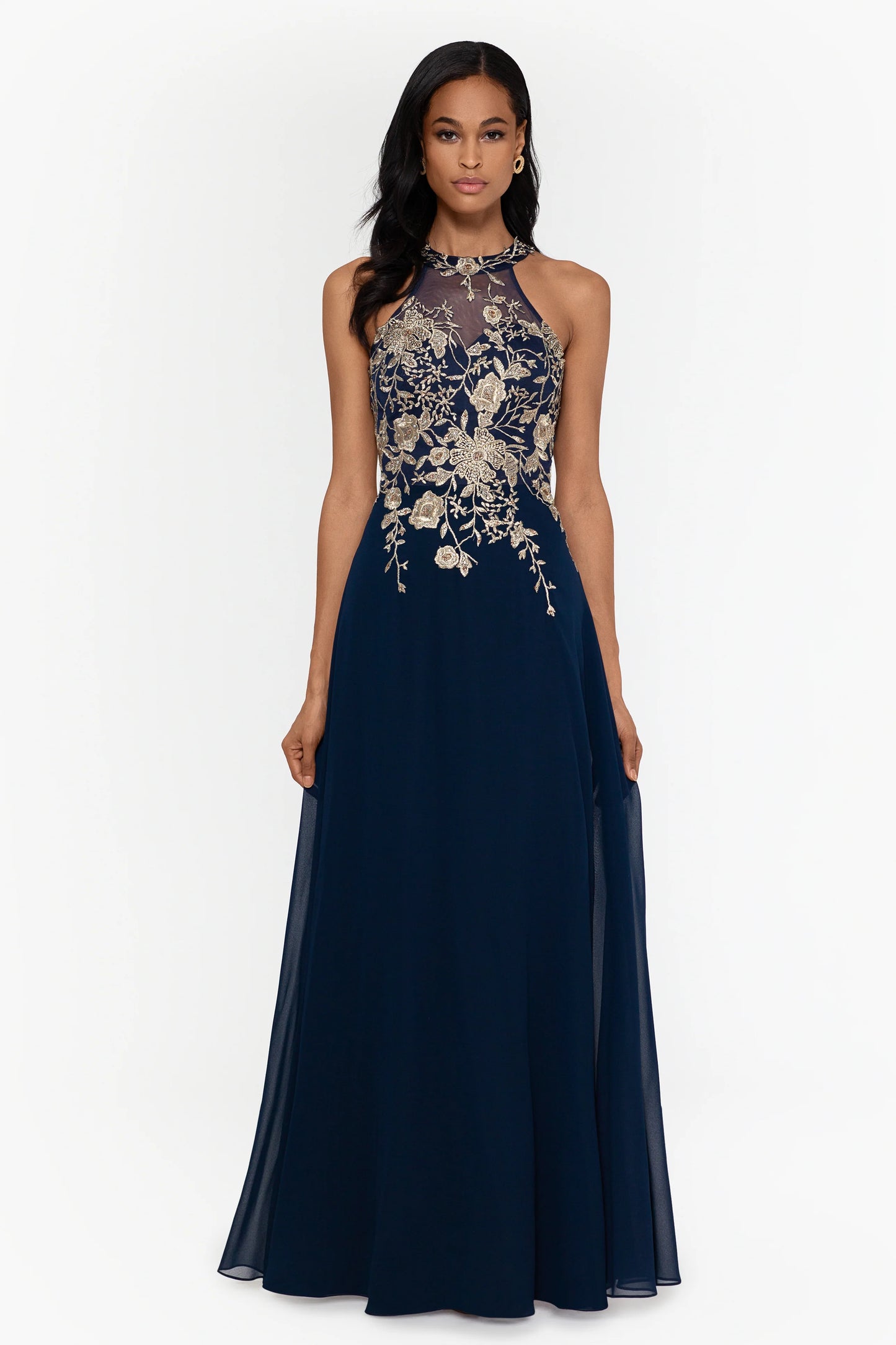 Petite "Celeste" Long Embroidered Chiffon Gown
