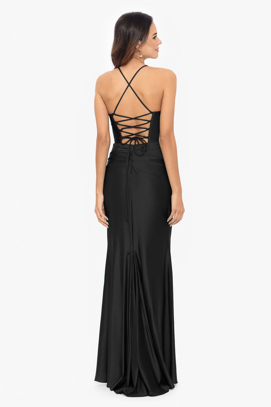 Petite "Talia" Long Sateen Corset Lace Up Back Dress