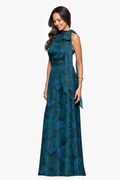 "Devina" Print Chiffon Shimmer Tieneck Floor Length Dress