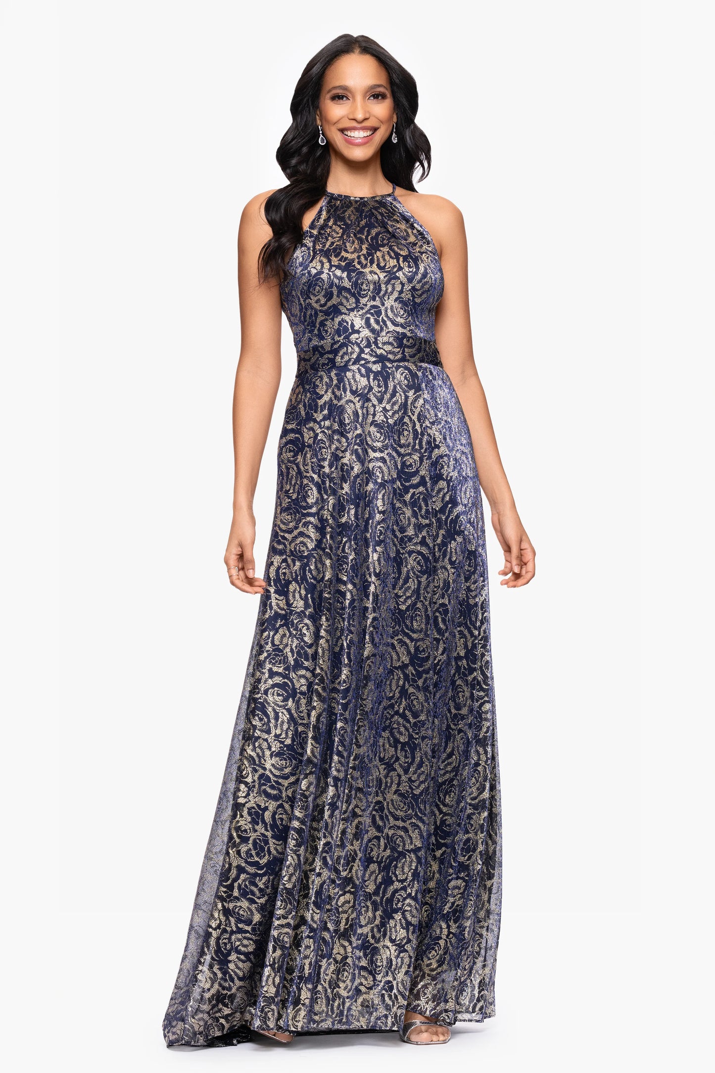 Petite "Shelley" Metallic Foil Halter Neck Floor Length Dress