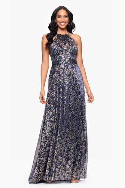 Petite "Shelley" Metallic Foil Halter Neck Floor Length Dress